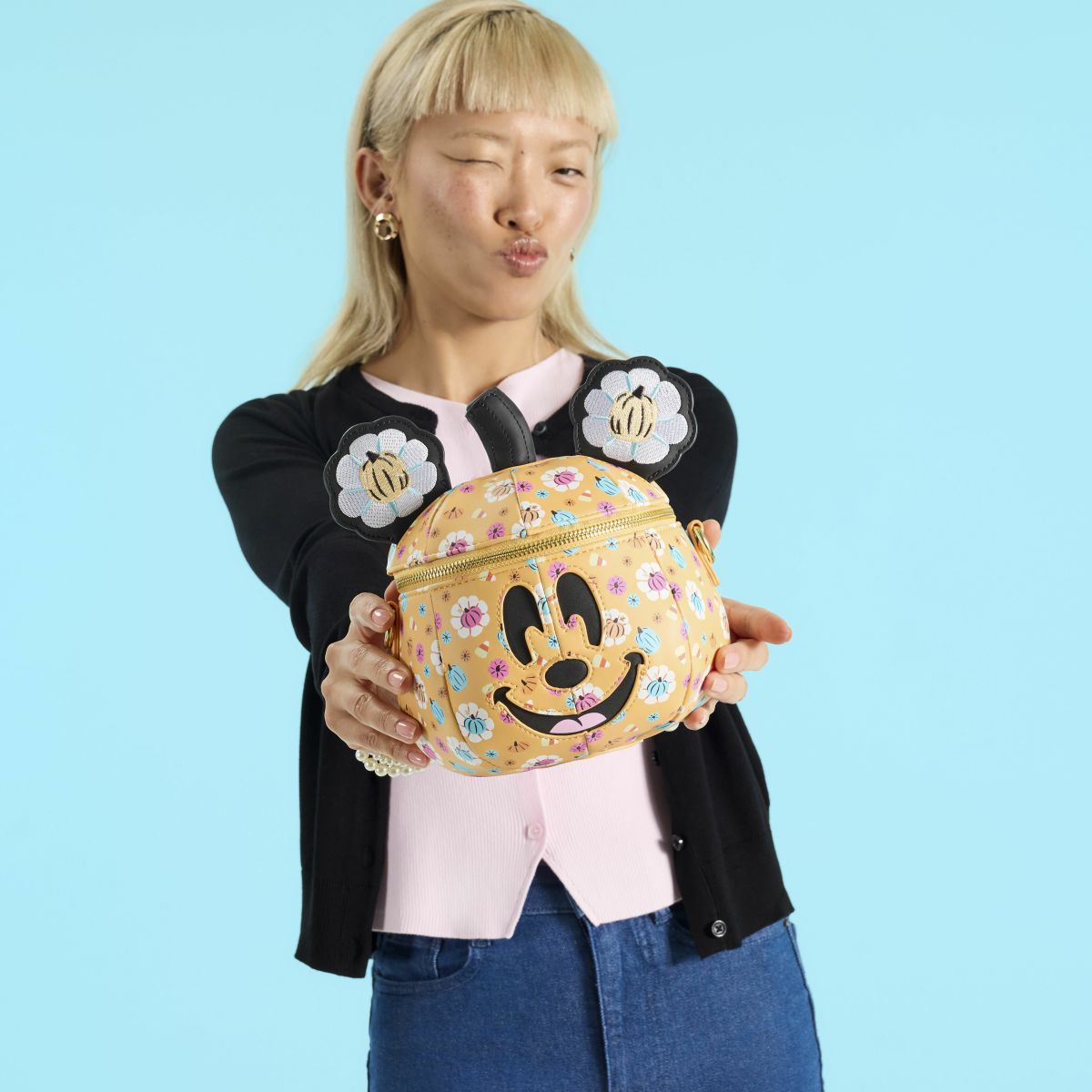 Mickey Mouse Floral Pumpkin Head Glow Figural Crossbody Bag